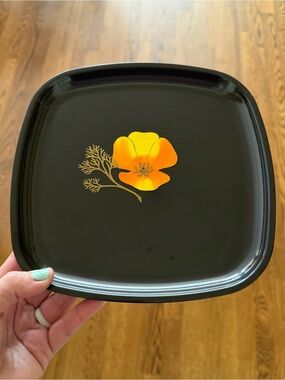 Couroc Black Square Tray with Orange Poppy Inlay